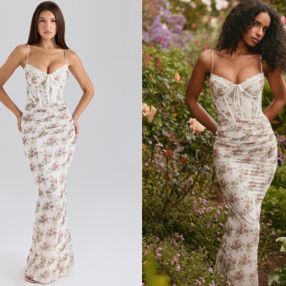 House of CB ‘CALISTA’ Cream Rose Print Mesh Maxi Dress NWOT